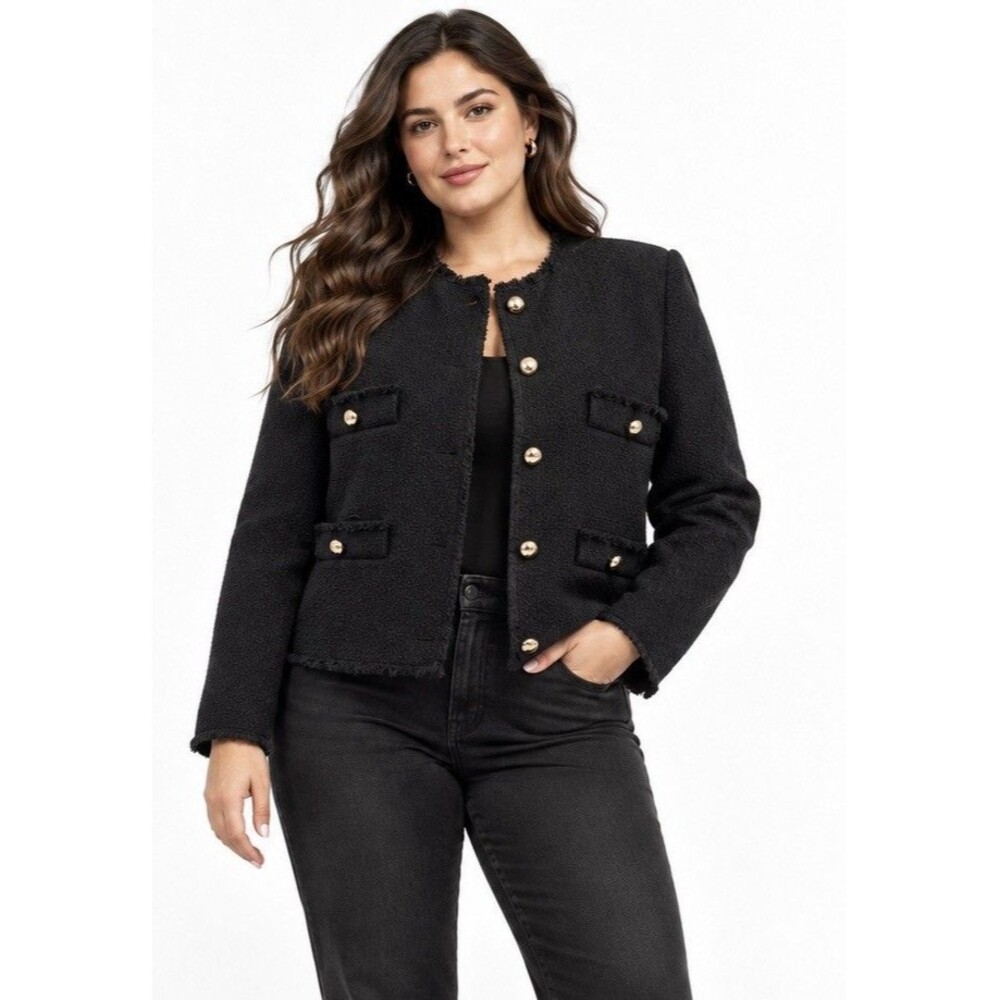 Mango MNG Black Tweed Collarless Lady Jacket XL Fringe Gold Button Blazer
